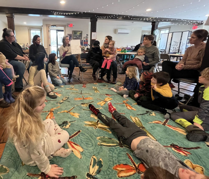 A Community Literacy event at the Merry Barn Writers Retreat in Edgecomb brings people together through read-alouds, engaging projects, and tasty treats. (Photo courtesy Merry Barn)