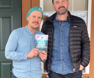 Center for Teaching and Learning teacher Corbin Lichtinger (left) welcomes New York Times bestselling author Peter Brown to the Edgecomb private school. (Photo courtesy Center for Teaching and Learning)