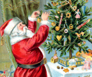 Santa decorates the table sized Christmas tree on this postcard from 1910. (Photo courtesy Calvin Dodge collection)