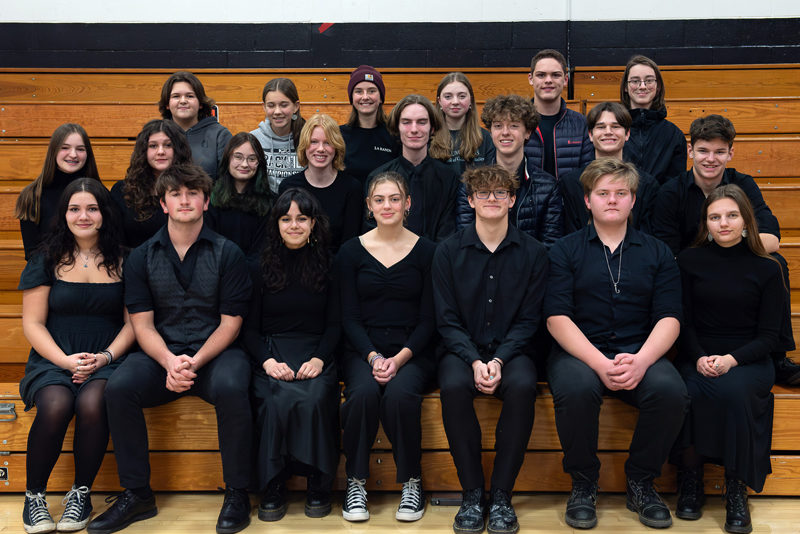 These Lincoln Academy student musicians qualified for various honors festivals in the 2023-24 school year. Back row from left: Maggie Sawyer (tenor sax), Audrey Hufnagel (flute), Maddy Kallin (flute), Noa Burchesky (violin), Jayden Brown (clarinet), Eli Melanson (tenor sax). Middle row from left: Katelyn Prior (choir), Josephine Shea (choir), Cadence Balbo Towle (choir), Frances DeGeer (choir), Tristan Gammon (trumpet and choir), Anderson Pierpan (choir), Nathaniel Hufnagel (choir). Front row from left: Olive Siegel (choir), Trey Tibbetts (choir), Sophia Scott (choir), Marianna Janik (choir), David Winchenbach (choir), Felix Cunningham (choir), and Kayla Cruz (choir). Not pictured: Shawn McFarland (choir), Benno Hennig (choir), Mitchell Straus (choir), Imij Armstead (choir), Violet Holbrook (choir), and Neptune Martin (jazz choir). (Photo courtesy Lincoln Academy)