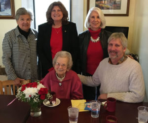 The Waldoboro Lions Club recently hosted a luncheon at Reunion Station in honor of retired teacher Jeanette Achorn. From left: Guest Gabby Rangel, Lion Ellen Winchenbach, Jeanette Achorn (seated), Lion Pamela Edwards, and Lion Scott Lund. (Photo courtesy Ellen Winchenbach)