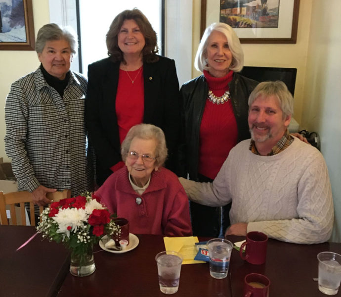 The Waldoboro Lions Club recently hosted a luncheon at Reunion Station in honor of retired teacher Jeanette Achorn. From left: Guest Gabby Rangel, Lion Ellen Winchenbach, Jeanette Achorn (seated), Lion Pamela Edwards, and Lion Scott Lund. (Photo courtesy Ellen Winchenbach)