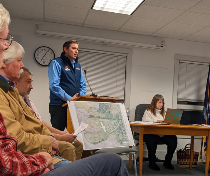 Architect Henry Hess presents a preliminary site plan for a new, 16,000 square-foot MaineHealth building that would replace both existing MaineHealth facilities in Waldoboro during the Waldoboro Planning Board meeting on Thursday, Jan. 18. The site plan also features room for a potential town building and walking trails by the Medomak River, Hess said. (Molly Rains photo)