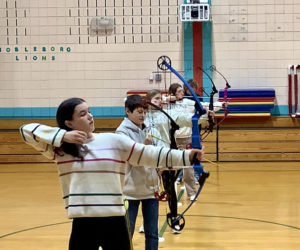 Nobleboro Central School middle school students take aim at their targets during PE class. (Photo courtesy Nobleboro Central School)