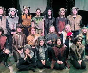 "The Jungle Book" cast takes a quick moment at the end of a long rehearsal to pose for a full ensemble picture. From left, front row: Everett Oakes, Vivian Wells, Grace Walker, Aysel Fraser. Second row: Heron Kypragoras, River Brazwell, Schulyer Brazwell, Natalie Hodgdon, Adeline Scott, Elizabeth Casad. Back row: Josie Winston-Feder, Monette Swall, Silas Percy, Octavia Aurora, Olive Pine, Gwyn Fraser, and Aura Jones. (Photo courtesy Heartwood Theater)