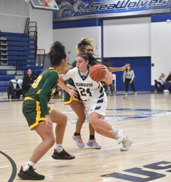 Lincoln Academy graduate Maddy York scored 27 points in the second half to lead the Southern Maine Community College Seawolves to an exciting 68-63 win. (Mic LeBel photo)