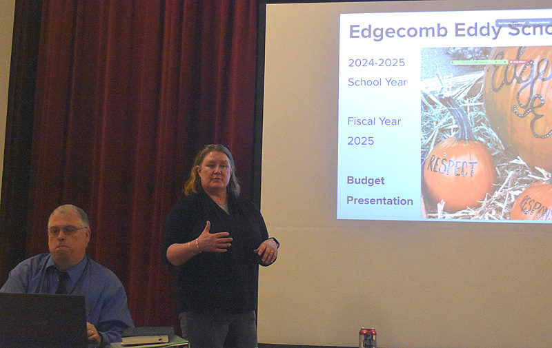 Edgecomb School Committee Chair Heather Sinclair and AOS 98 Superintendent Robert Kahler discuss a draft of the 2025 fiscal year budget at a forum before the committee's Monday, Feb. 12 meeting. The committee tabled budget adoption to wait for more input from the public on a proposed 23.59% increase. (Elizabeth Walztoni photo)