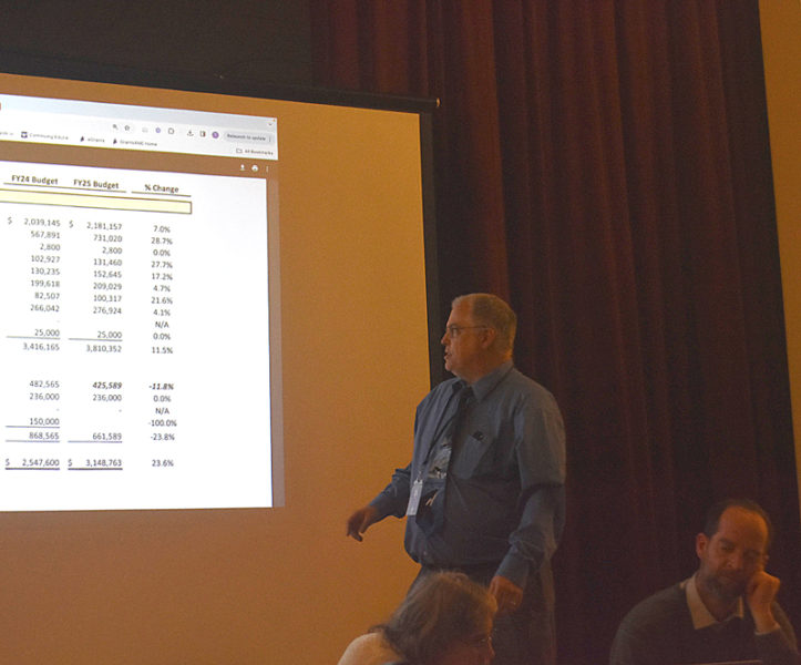 AOS 98 Superintendent Robert Kahler presents a draft education budget to Edgecomb residents on Monday, Feb. 12. The town's school committee is grappling with reduced state subsidy, increased student needs, and drained reserve accounts in this year's budget cycle. (Elizabeth Walztoni photo)