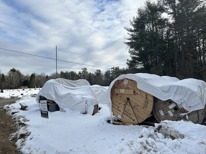 Fiberglass cables draped in tarps outside the Somerville town office on Monday, Feb. 5. This spring or summer, construction will begin on the town's municipal broadband network, according to members of the Somerville Municipal Broadband Board. (Molly Rains photo)