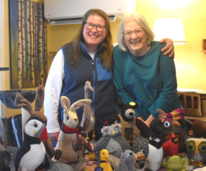 Amy Mussman (left) and her mother Phyllis Mussman with a display of their handmade Mainely Primsical creatures, which they starting making in 2016 when a friend asked them to vend at a fair she was organizing. "We threw some stuff together, and then we got hooked," Phyllis Mussman said. "It's just so much fun." (Elizabeth Walztoni photo)