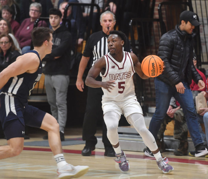 Simon McCormick, of Whitefield, looks for an open shot in the Bobcats' 87-70 loss to Trinity. (Mic LeBel photo)