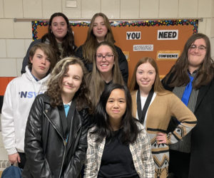 Lincoln Academy Debate Team members, from left, back row: Laila Brady and Noa Burchesky. Middle: Eli Jones, Julia Deitrick, Jilly McLaughlin, and Quinn Conroy. Front: Ori Taylor and Ayesha Giberson. (Photo courtesy Lincoln Academy)