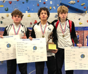 Three Lincoln Academy wrestlers were crowned State Class B champions on Saturday, Feb. 17 in Rumford. From left are Jakobi Hagar (175), Jayden Lafrenaye (165), and Adam St. Cyr (138). (Photo courtesy of Stephanie Lafrenaye)