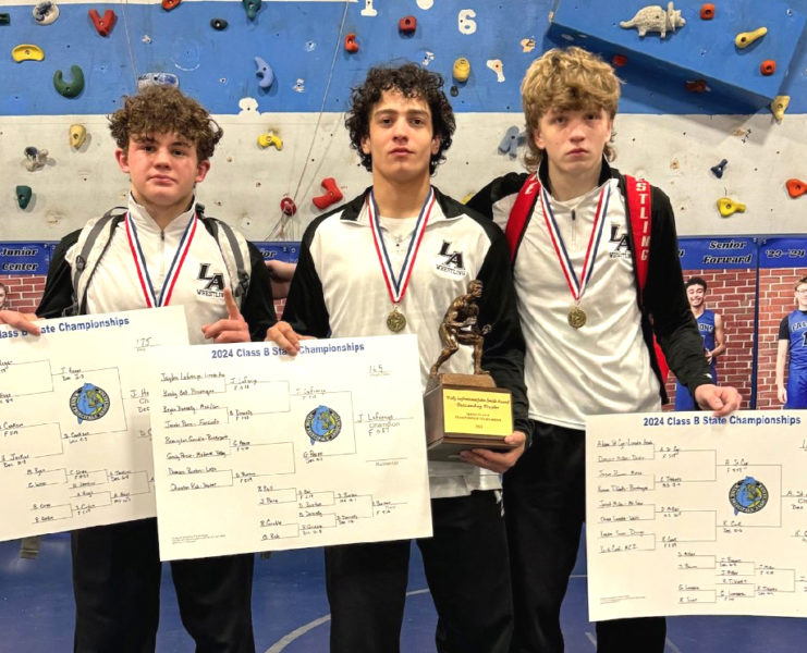 Three Lincoln Academy wrestlers were crowned State Class B champions on Saturday, Feb. 17 in Rumford. From left are Jakobi Hagar (175), Jayden Lafrenaye (165), and Adam St. Cyr (138). (Photo courtesy of Stephanie Lafrenaye)