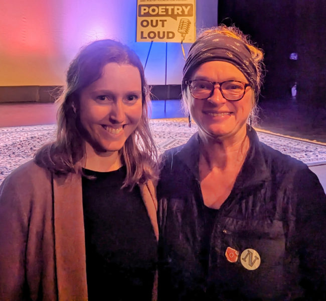 Formerly teacher and student and now professional colleagues, Kennebunk High School English teacher Ivy Gardner (left) and Medomak Valley High School English teacher Melissa Barbour meet again at the Maine Poetry Out Loud regional competition in Lewiston Wednesday, Feb. 7. (Courtesy photo)