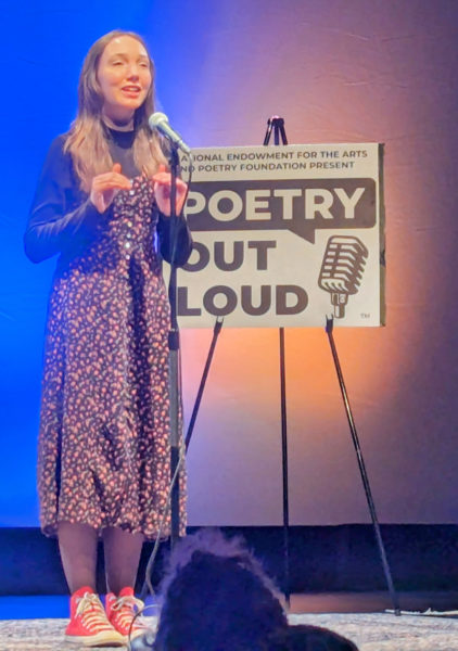 Medomak Valley High School sophomore Sadie Smith recites "Hope is the Thing with Feathers" during the Maine Poetry Out Loud regional competition, held at The Public Theater in Lewiston Wednesday, Feb. 7. (Courtesy photo)