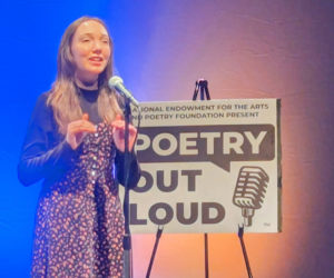 Medomak Valley High School sophomore Sadie Smith recites "Hope is the Thing with Feathers" during the Maine Poetry Out Loud regional competition, held at The Public Theater in Lewiston Wednesday, Feb. 7. (Courtesy photo)