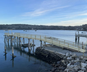 The public dock in Round Pond harbor on Tuesday, March 19. The dock, owned by Round Pond Village Improvement Society, has been completely rebuilt after being destroyed in the January storms. (Johnathan Riley photo)