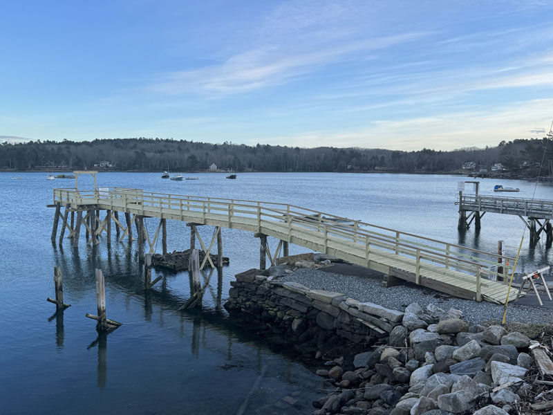 The public dock in Round Pond harbor on Tuesday, March 19. The dock, owned by Round Pond Village Improvement Society, has been completely rebuilt after being destroyed in the January storms. (Johnathan Riley photo)