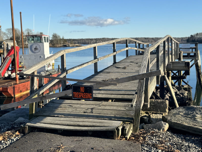 The dock closest to Muscongus Bay Lobster in Round Pond Harbor was badly damaged in the Jan. 10 storm that brought record tides and a devastating storm surge to the coast of Lincoln County. (Johnathan Riley photo)