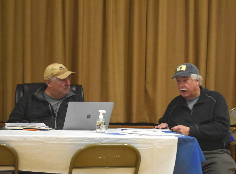 Edgecomb Budget Committee Chair Jack Brennan (right) discusses concerns about burdens on taxpayers as member Stein Eriksen listens during a joint meeting with the school committee on Wednesday, Feb. 28. While the budget committee concluded the projected $3.76 million education budget could not be further cut without "crippling" the Edgecomb Eddy School, members expressed concern about future financial sustainability if the percentage of the budget raised by taxation continues to increase. (Elizabeth Walztoni photo)