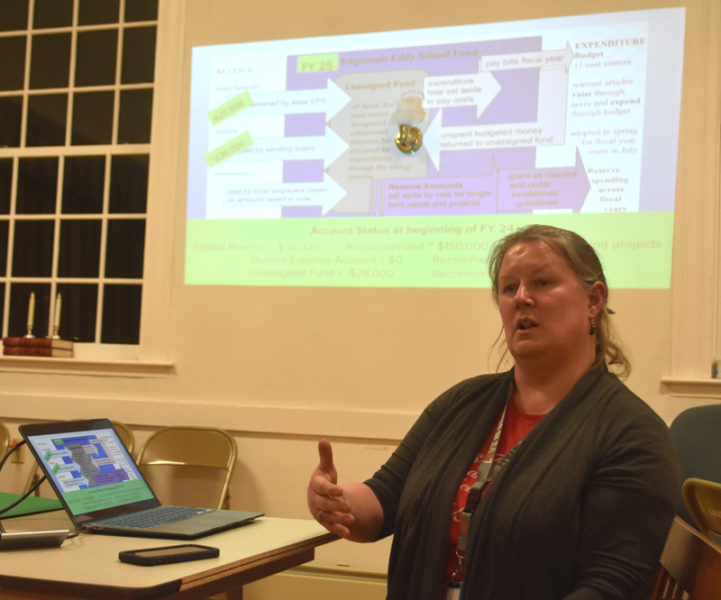 Edgecomb School Committee Chair Heather Sinclair explains the education budget's revenue sources and expense categories at a joint meeting with the towns budget committee on Wednesday, Feb. 28. Sinclair said Edgecomb Eddy Schools increasing need to raise funds through taxation is the result of issues in state policy and formulas, and asked all in the room to join her in asking for change in Augusta. (Elizabeth Walztoni photo)