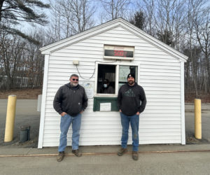 From left: Waldoboro Public Works Director John Daigle, employee Bruce Rolfe, and Assistant Public Works Director Will Pratt at the gate house of the Waldoboro Transfer Station. Daigle and Pratt are advocating that the town adopt pay-as-you-go recycling to reduce the cost of operating the station, which has a 2024 budget of over $1 million. (Molly Rains photo)