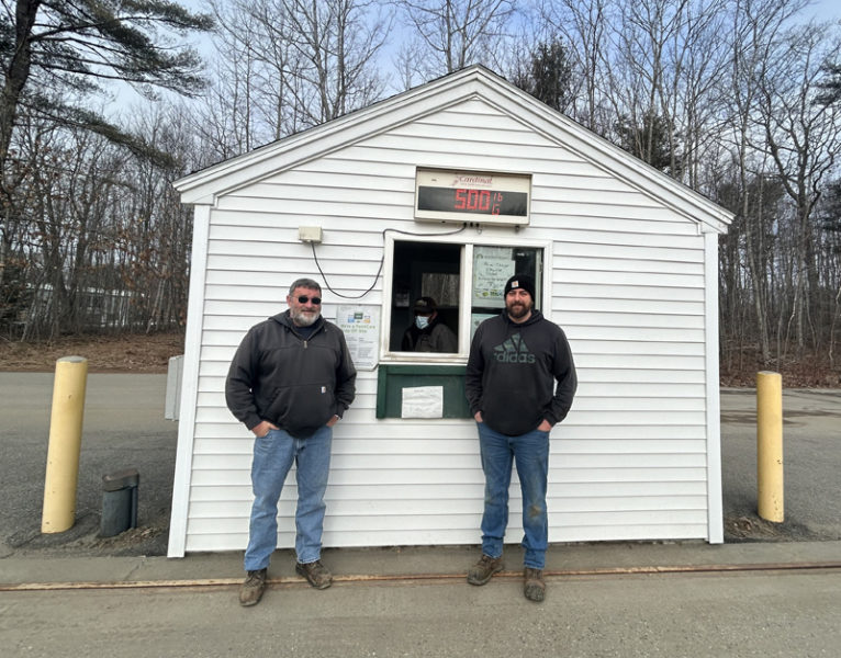 From left: Waldoboro Public Works Director John Daigle, employee Bruce Rolfe, and Assistant Public Works Director Will Pratt at the gate house of the Waldoboro Transfer Station. Daigle and Pratt are advocating that the town adopt pay-as-you-go recycling to reduce the cost of operating the station, which has a 2024 budget of over $1 million. (Molly Rains photo)