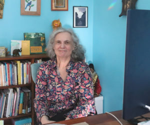 Author Laurie Block Spigel sits in her home office in Wiscasset. Published by Virginia-based company Mountain Ash Press, Spigel's second book, "Letting Them Lead: Adventures in Game-Based, Self-Directed Learning," was released on Tuesday, March 19. "This is where the magic happens," said Spigel about her home office. (Piper Pavelich photo)