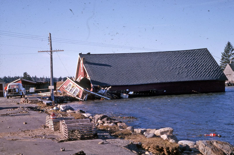 The Old Bristol Historical Society archives show powerful storms have long been part of the area's history. Here is the Lewis Pavilion at Pemaquid Beach destroyed by a storm in December 1963. (Photo courtesy Old Bristol Historical Society, Norman R. Brackett Collection.)