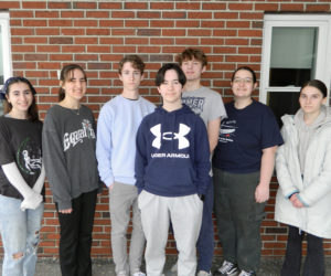 Twenty-six students from Medomak Valley High School in Waldoboro participated in the Maine State Science Fair on Saturday, March 23. Five projects from MVHS students placed within the top three of their respective categories. From left: Medomak Valley High School students Lyra Puchalski, Anna Weber, Sam Parent, David Creamer, Jack Martin, Micaela Lorentzen, and Anna Possee. Not pictured: Ace Moberly and Elisah Stanton. (Photo courtesy Lisa Genthner Gunn)