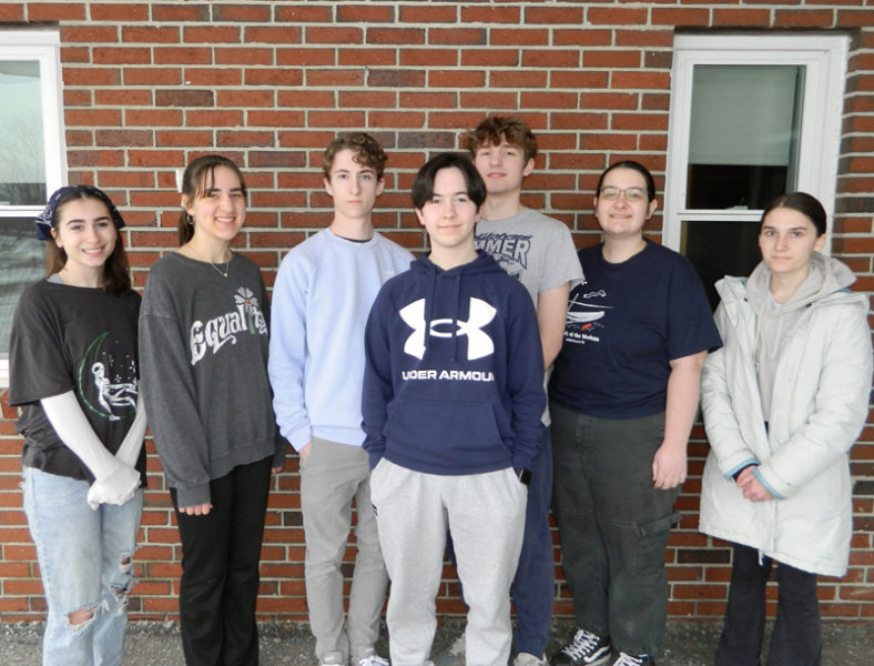 Twenty-six students from Medomak Valley High School in Waldoboro participated in the Maine State Science Fair on Saturday, March 23. Five projects from MVHS students placed within the top three of their respective categories. From left: Medomak Valley High School students Lyra Puchalski, Anna Weber, Sam Parent, David Creamer, Jack Martin, Micaela Lorentzen, and Anna Possee. Not pictured: Ace Moberly and Elisah Stanton. (Photo courtesy Lisa Genthner Gunn)