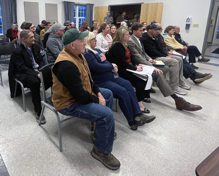 Over 40 people gather in the central fire station in Whitefield the evening of Wednesday, April 10 to hear about Harmony Haven LLC's plan for a residential substance use treatment facility in the building that previously housed Country Manor Nursing Home at 132 Main St. in Coopers Mills. (Piper Pavelich photo)