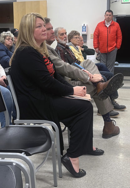 Harmony Haven LLC Co-Investor and Holistic Sober Center Executive Director Kristina Simpson (center) attends a public hearing the evening of Wednesday, April 10 to discuss her plan to convert the building that previously housed Country Manor Nursing Home in Coopers Mills to a residential substance abuse treatment center. (Piper Pavelich photo)