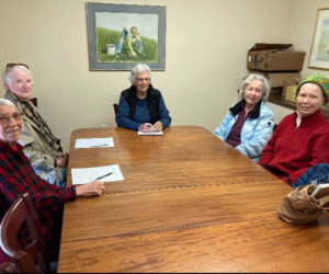 The Waldoboro Woman's Club's scholarship committee meets with Chairman Betty Studley, and members Charlotte Gulezian, Alice Duff, Alice DePatsy, and Carol Perry in attendance. (Photo courtesy Eleanor Krause)