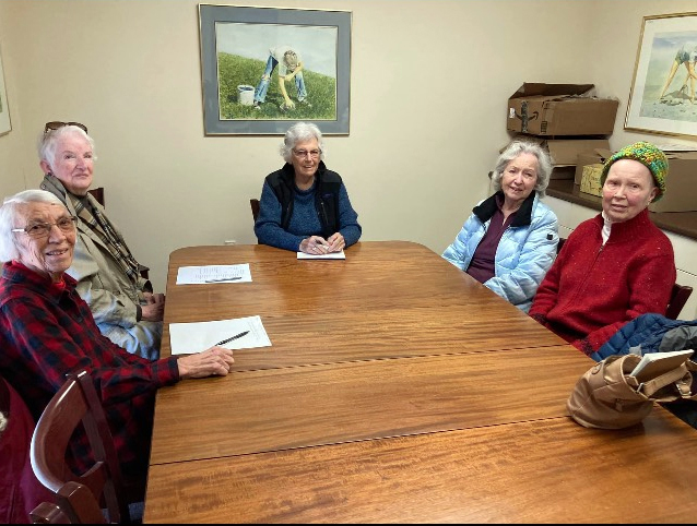 The Waldoboro Woman's Club's scholarship committee meets with Chairman Betty Studley, and members Charlotte Gulezian, Alice Duff, Alice DePatsy, and Carol Perry in attendance. (Photo courtesy Eleanor Krause)