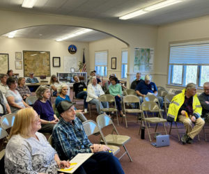 Bremen voters fill the seats at the town office for a special town meeting on Tuesday, May 7. Voters passed each of the six articles presented before them, which included land use and shoreland zone ordinance amendments, permitting authority, and a transfer of funds. (Johnathan Riley photo)