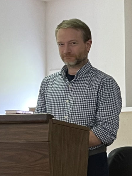 Moderator Jon Pottle presides over Edgecomb's annual town meeting on Saturday, May 18 in the town hall. (Sherwood Olin photo)