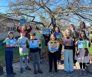 Fourteen GSB students earned honors in the 2024 Junior Duck Stamp Contest, a ongoing collaboration between Maine Audubon and the U.S. Fish and Wildlife Service. Shown from left, back row: Lorelei Greenleaf, Ayden Brewer, Anders Hauge, Natalie Chickering, Gwyneth Fraser, and Natalie Hodgdon. Front row: Bodhi Apczynski, Louisa Wood, Kurt Blossom, Eero Glendinning, Max Penny, Clodagh McQuillen, Maari Glendinning, and Evangeline Fraser. (Photo courtesy Coreysha Stone)