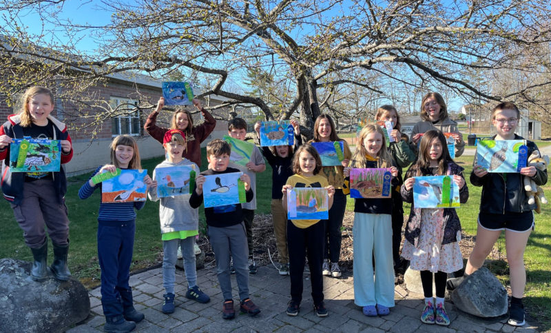 Fourteen GSB students earned honors in the 2024 Junior Duck Stamp Contest, a ongoing collaboration between Maine Audubon and the U.S. Fish and Wildlife Service. Shown from left, back row: Lorelei Greenleaf, Ayden Brewer, Anders Hauge, Natalie Chickering, Gwyneth Fraser, and Natalie Hodgdon. Front row: Bodhi Apczynski, Louisa Wood, Kurt Blossom, Eero Glendinning, Max Penny, Clodagh McQuillen, Maari Glendinning, and Evangeline Fraser. (Photo courtesy Coreysha Stone)