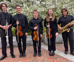 Lincoln Academy's 2024 All State instrumentalists are, from left: Tristan Gammon, Jayden Brown, Alec Buckley, Maggie Sawyer, and Noa Burchesky. (Photo courtesy Lincoln Academy)