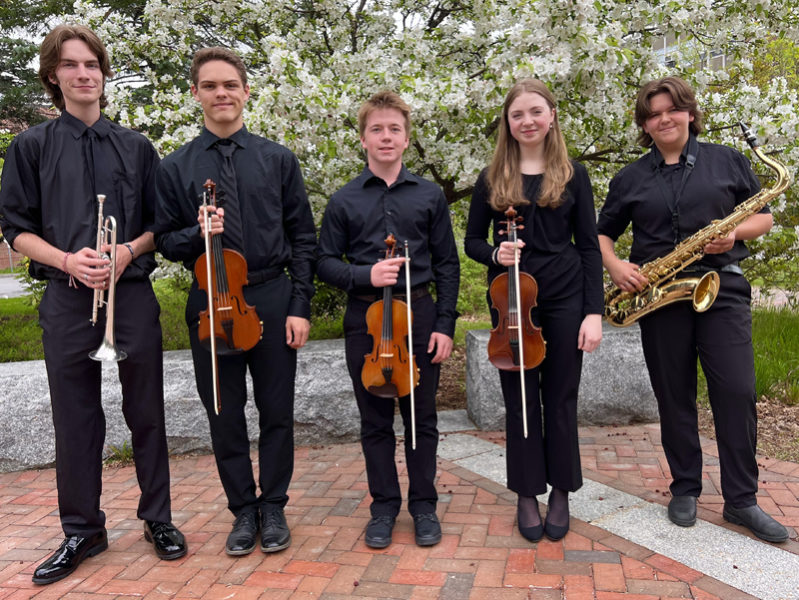 Lincoln Academy's 2024 All State instrumentalists are, from left: Tristan Gammon, Jayden Brown, Alec Buckley, Maggie Sawyer, and Noa Burchesky. (Photo courtesy Lincoln Academy)