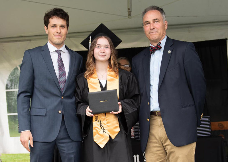 At her Lincoln Academy graduation, Bath Regional Career and Technical Center Career and Technical Student of the Year Eleanor Nery is flanked by her academic advisor Angus Fake (left) and LA Head of School Jeff Burroughs.