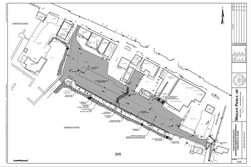 Damariscotta parking lot improvement plans drawn up by the engineering company Wright-Pierce, of Portsmouth, N.H., shows where 150,000 gallon underground storm water retention will be constructed, beginning Sept. 3. Most of the construction is expected to happen between September and November, with the expectation to do the final touches in the spring, according to Damariscotta Town Manager Andy Dorr. (courtesy photo)