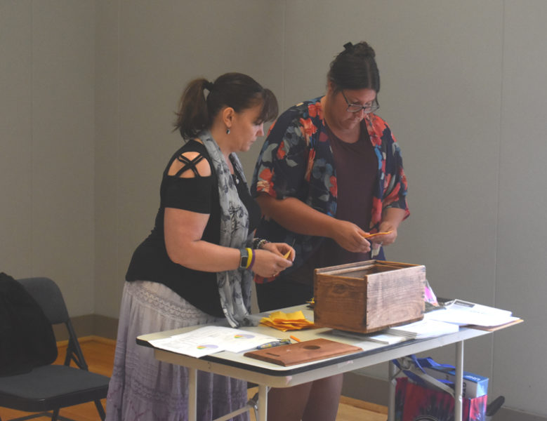 Somerville Treasurer and Tax Collector Sandra Devaney (left) and Town Clerk Samantha Peaslee count votes at Somerville's annual town meeting on the morning of Saturday, June 22. All warrant articles passed during the meeting, which lasted about two hours. (Molly Rains photo)