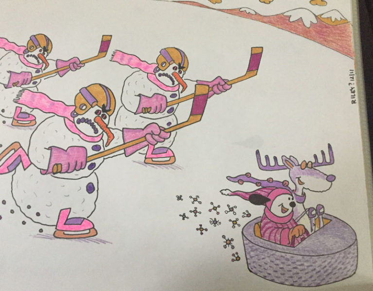 Bobbah the dog escapes a hockey team of angry snowmen with his new reindeer friend in a hockey puck car. John Riley, the cartoonist behind the drawing, is the father of Johnathan Riley, a reporter at The Lincoln County News. (Johnathan Riley photo)