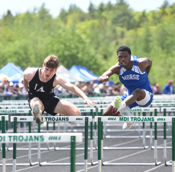 Lincoln Academy's Peter Thelander earned third place in the 110m hurdles at the Class B state championship in Bar Harbor on Saturday, June 1. (Mic LeBel photo)