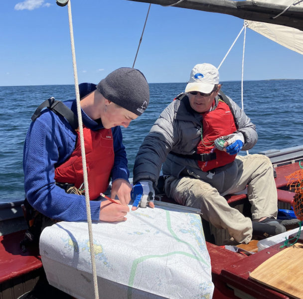 Carpenter's Boat Shop apprentices chart their 22-mile expedition to Matinicus Island. Expedition sailing is a new addition to the organizations nine-month apprenticeship program. (Photo courtesy Carpenter's Boat Shop)