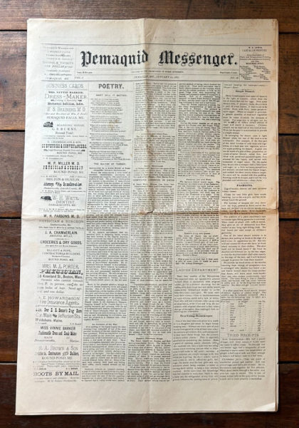 The Old Bristol Historical Societys Summer Speaker Series begins Sunday, June 30 with a presentation on the Pemaquid Messenger. In 1887, the Pemaquid Messenger kept Bristol readers informed for 3¢ a copy or $1 a year. (Photo courtesy Old Bristol Historical Society)