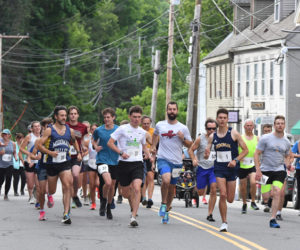 Racers take off at the start of the Waldoboro Day 5K on Saturday, June 15. Forty-seven runners finished the race. (Mic LeBel photo)